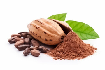 Cocoa pod, beans and powder isolated on a white background. generative ai

