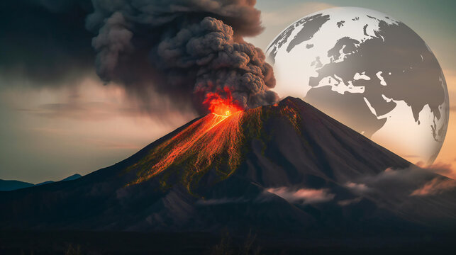 Incredible vulcano eruption with lava flowing down the hill, and thick smoke coming out, earth globe overlay, enviroment and nature background