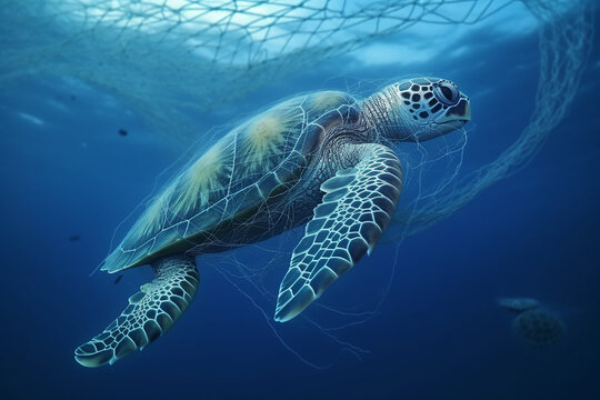 Lixo, lixo, plástico no oceano. Rede de pesca. O conceito de proteção ambiental. As tartarugas marinhas e oceânicas precisam ser libertadas das redes de pesca