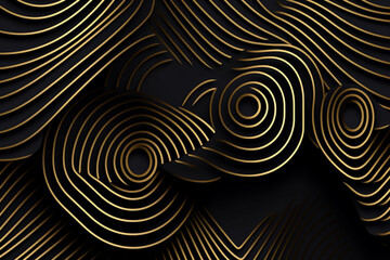 Fundo de corte de papel de luxo, decoração abstrata, padrão dourado, gradientes de meio-tom, ilustração em vetor 3d. Preto, ondas de ouro