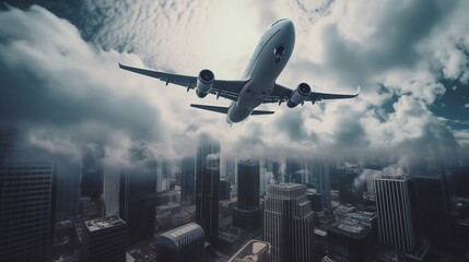 Fototapeta na wymiar Shot of airplane flying above glass office buildings. Fisheye lens effect. AI generated
