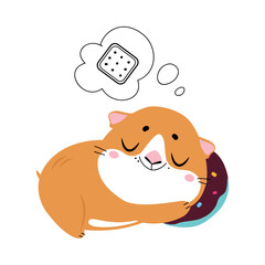 Cute little pet guinea pig sleeping and dreaming about cookie cartoon vector illustration