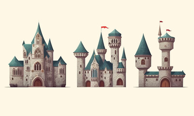 Set of royal castles. Cartoon castles. Vector flat illustration