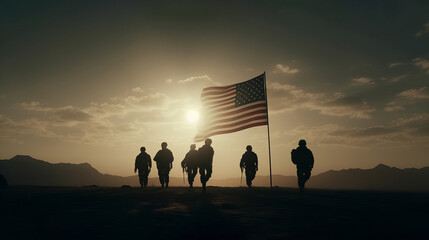 Conceptual US Flag with American soldiers silhouette. Al generated
