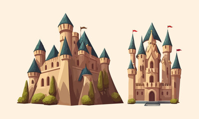 Cartoon castle on a light background. Medieval castle. Flat vector illustration.