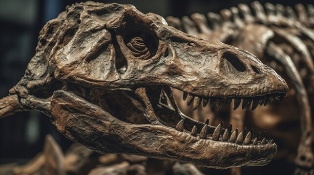 Dinosaur fossil tyrannosaurus rex found by archaelo. Al generated