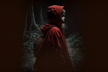 Little red riding hood in the dark woods at night, style dingy
