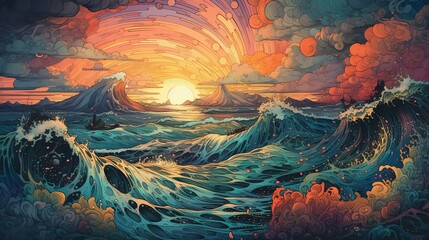 Generative AI, ocean in the sunset linear illustration, psychedelic manga style, highly detailed. Anime colorful style - obrazy, fototapety, plakaty