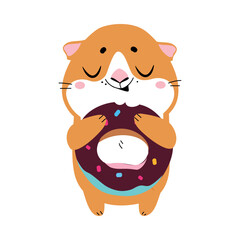 Cute little pet guinea pig eating donut cartoon vector illustration
