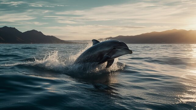 Dolphin jumping in sea water realistic photo realistic. Al generated