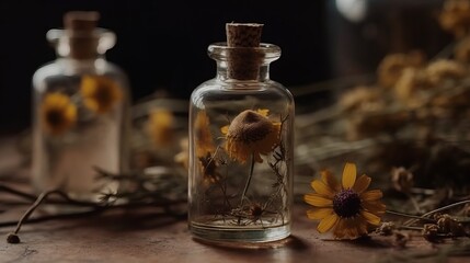 Obraz na płótnie Canvas Dry flower and herbarium in small flasks flower. Al generated