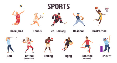 Set of different sports. Cartoon. Isolated sportsmen on white background. Vector illustration