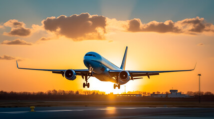 Fototapeta na wymiar Airplane landing in the evening with beautiful sunset background