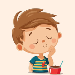 The boy eats chocolate ice cream. Boy in cartoon style. Vector flat illustration