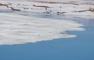 Melting ice in the spring on a lake in the Canadian forest in Quebec