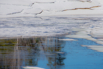Melting ice in the spring on a lake in the Canadian forest in Quebec