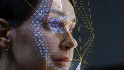 Close up face portrait of adult caucasian woman with focused look. 3D animation of human futuristic...