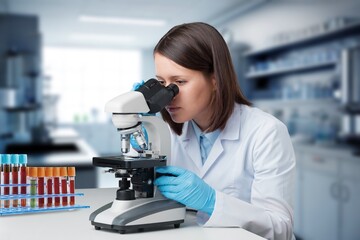 Medical Laboratory, Beautiful Scientist Looking in Microscope