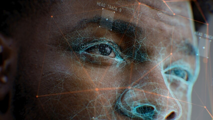 Close up face portrait of young African American man with serious look. 3D computer graphics of human futuristic AI biometric facial recognition. Neural network. Privacy and modern scanning technology