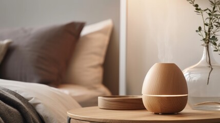 Aroma oil diffuser on table against in minimalist bedr. Generative AI