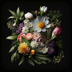 Obraz na płótnie Canvas Spring fresh flowers in a square frame on a black background. Generated AI
