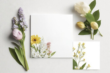 A empty white card for text on a table surrounded by flowers. Generated AI