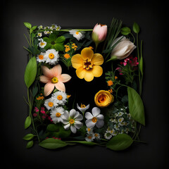 Spring fresh flowers in a square frame on a black background. Generated AI