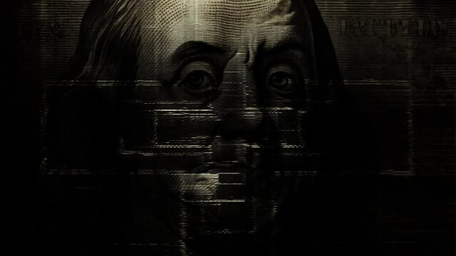 Dollar bills, money background. Cash money banknotes. Benjamin Franklin on an old US 100 dollar bill with glitch effect. Stop Motion