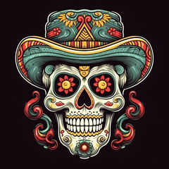 Festive Mexican skull in a sombrero.Generative AI technology.
