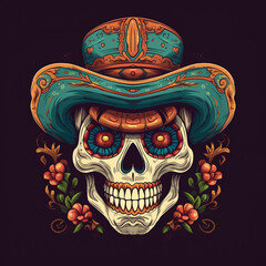 Festive Mexican skull in a sombrero.Generative AI technology.