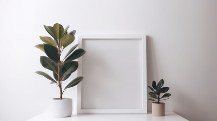 Empty square frame mockup in modern minimalist interior with potted houseplants on white wall background. AI generated