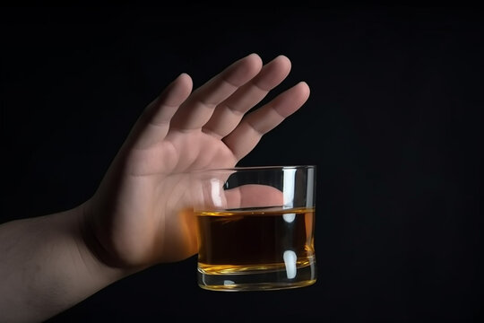 O homem se recusa a dizer n&atilde;o e evita beber um u&iacute;sque alco&oacute;lico, parando o sinal de m&atilde;o masculino, tratamento de alcoolismo, depend&ecirc;ncia de &aacute;lcool, parar de beber, parar de beber &aacute;lcool. Recusar licor
