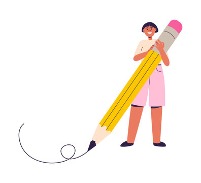 Student holding big pencil. Happy young character, artist, writing with huge pencil. Back to school and education, knowledge concept. Flat cartoon vector illustration