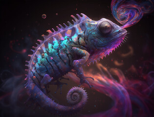 Chameleon, Space nebula, Black Background, Generative KI