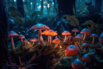 Fototapeta na wymiar A bright enchanted forest with magical mushrooms. Generative AI