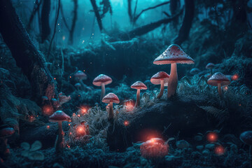 A bright enchanted forest with magical mushrooms. Generative AI