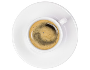 white mugs with hot coffee, isolated over a transparent background, hot drink, beverage design element, flat lay, top view