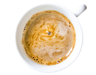 white coffee cup, mug with hot black coffee, isolated design element, top view, flat lay