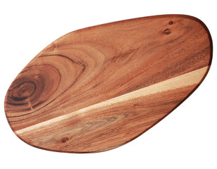 Close up of an wooden cutting board with handle, isolated on white or transparent background, template for recipes or food and drink menu, photography, top view, cut out,