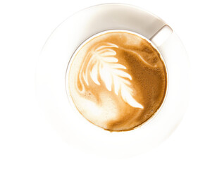 white coffee cup, mug with hot cappuccino latte coffee, isolated design element, top view, flat lay