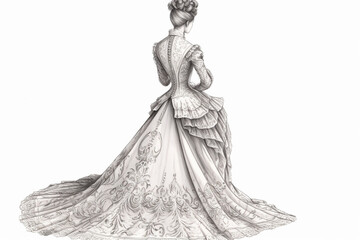 illustrated drawing of woman dressed puffy dress in Victorian era 19th century clothing on white background, back side view, created with Generative AI Technology