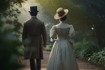 Woman and man dressed in Victorian era 19th century clothing walk through green park in springtime. The woman in dress, man in suit, back side view, created with Generative AI Technology