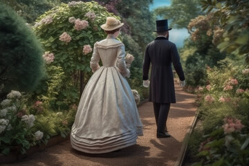 Woman and man dressed in Victorian era 19th century clothing walk through green park in springtime. The woman in dress, man in suit, back side view, created with Generative AI Technology - obrazy, fototapety, plakaty