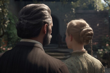 Woman and man dressed in Victorian era 19th century clothing walk through green park in springtime. The woman in dress, man in suit, back side view, created with Generative AI Technology