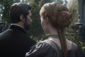 Woman and man dressed in Victorian era 19th century clothing walk through green park in springtime. The woman in dress, man in suit, back side view, created with Generative AI Technology