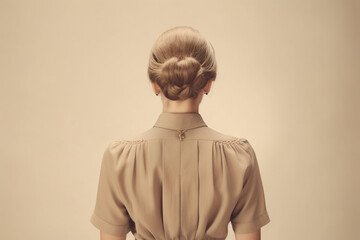 Woman dressed in of the 1940s clothing on beige background, back side view, created with Generative AI Technology