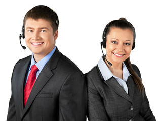 Portrait of a Female and Male Phone Operator in Headset