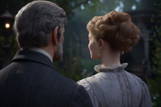 Woman and man dressed in Victorian era 19th century clothing walk through green park in springtime. The woman in dress, man in suit, back side view, created with Generative AI Technology