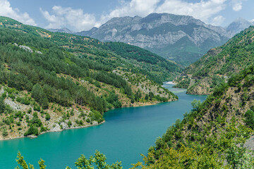 Beautiful landscape of Koman lake in Albania