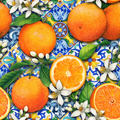 watercolor hand drawn mediterranean pattern with colorful tiles and oranges